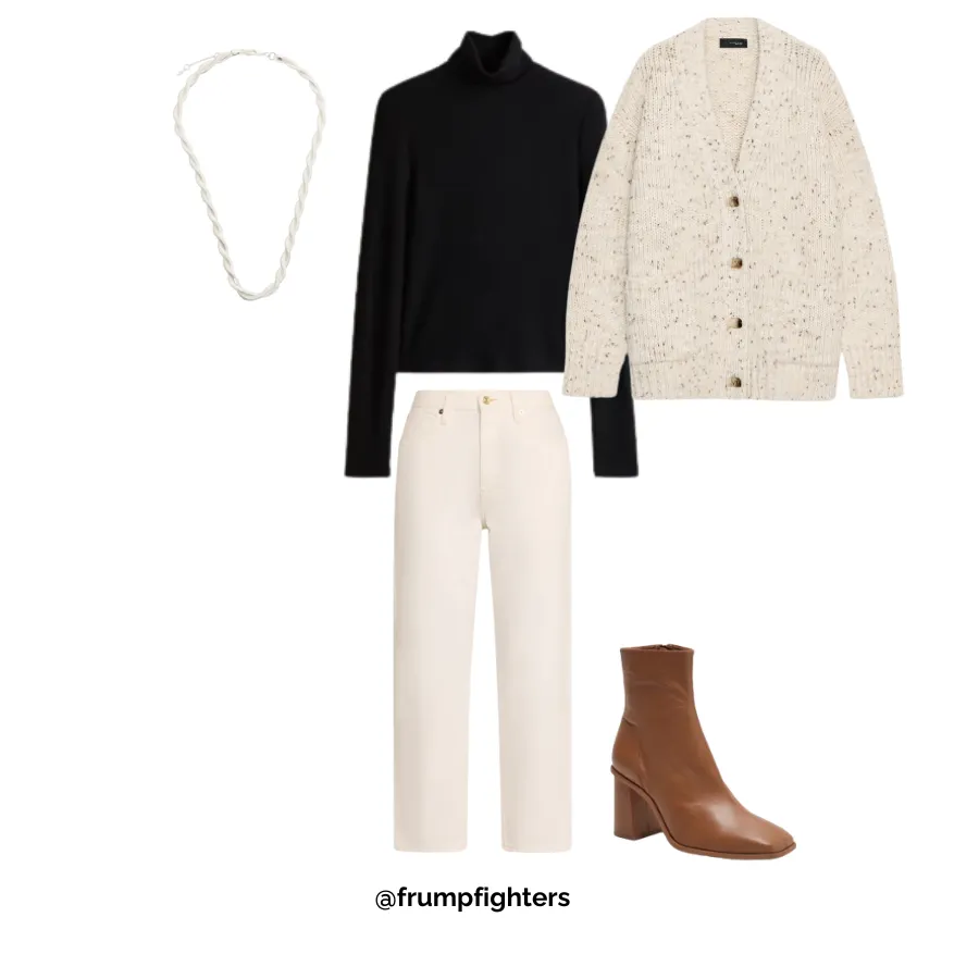 Black top with cream jeans, textured cardigan and ankle boots styled as a business casual winter work outfit
