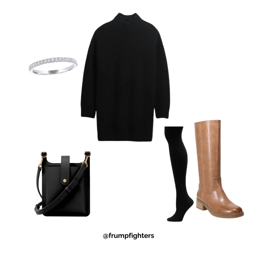 Black sweater dress with tights, tall brown boots, crossbody bag styled as a casual winter work outfit