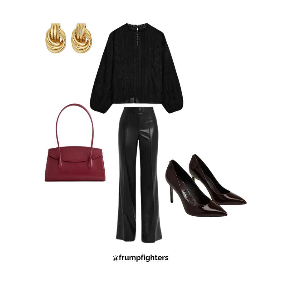 Black blouse with leather pants, heels and structured bag styled as a corporate winter work outfit