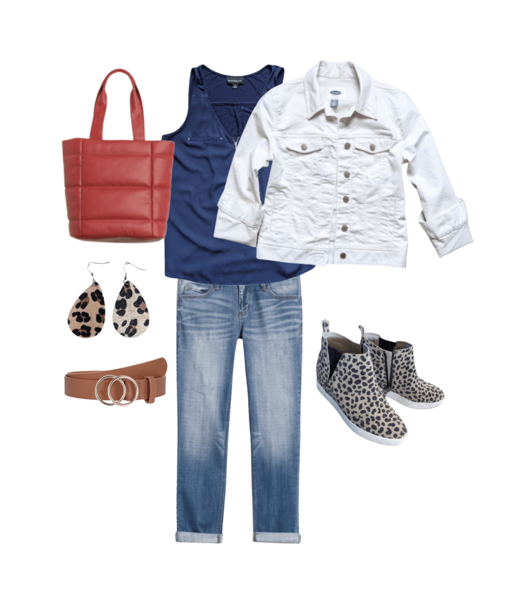 Flat lay of denim jacket and jeans outfit with navy tank, red tote, leopard shoes and earrings on white background
