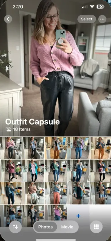 Photo album showing multiple mirror selfies, demonstrating different outfit combinations