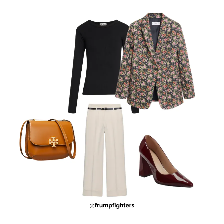 Floral blazer with black top and cream pants styled as a stylish winter work outfit for women