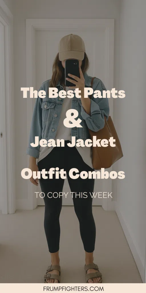 Mom wearing black leggings and a denim jacket with white tee and tote, text overlay about best pants and jean jacket combos
