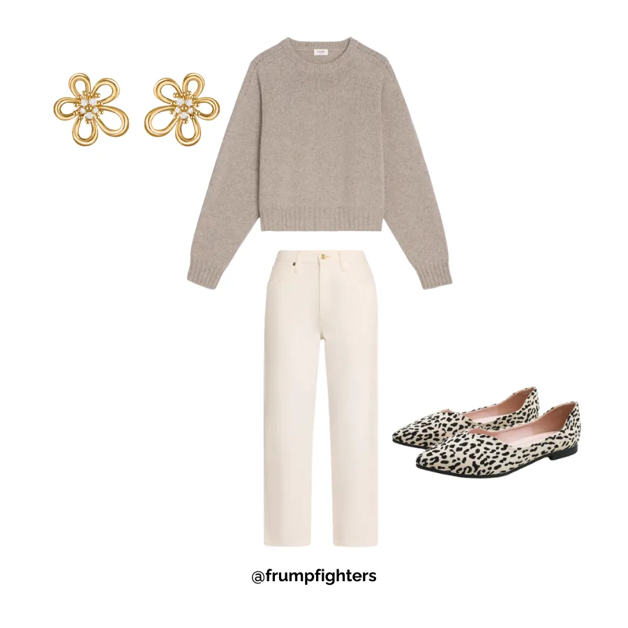 Gray sweater with cream jeans and leopard flats styled as a casual winter work outfit for women