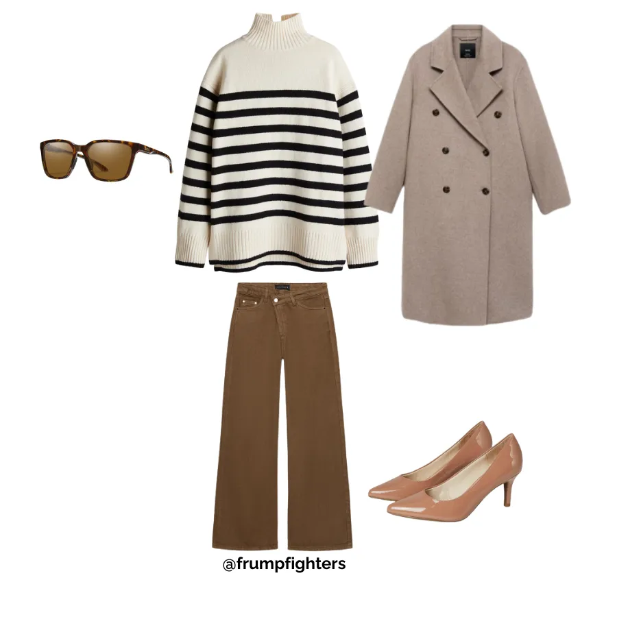 Striped sweater with brown jeans and long coat styled as a winter work outfit for teachers