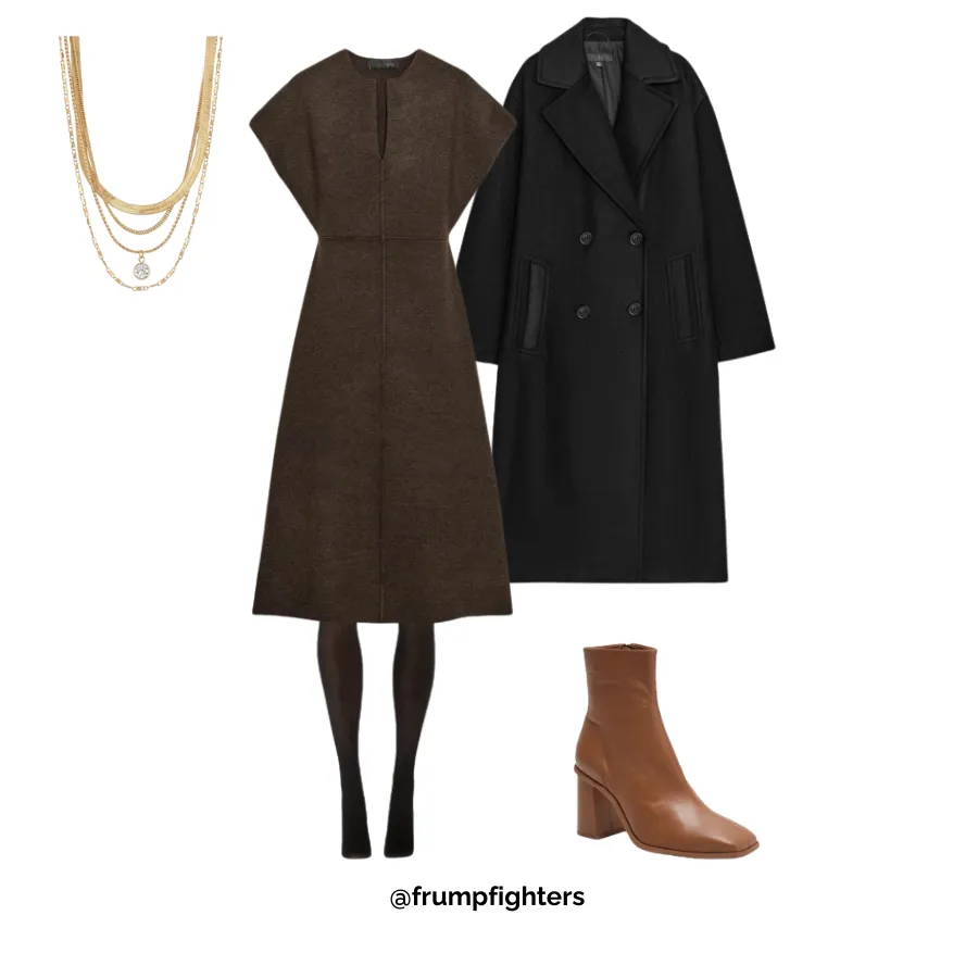 Brown dress with black coat, tights and ankle boots styled as a winter work outfit for cold weather