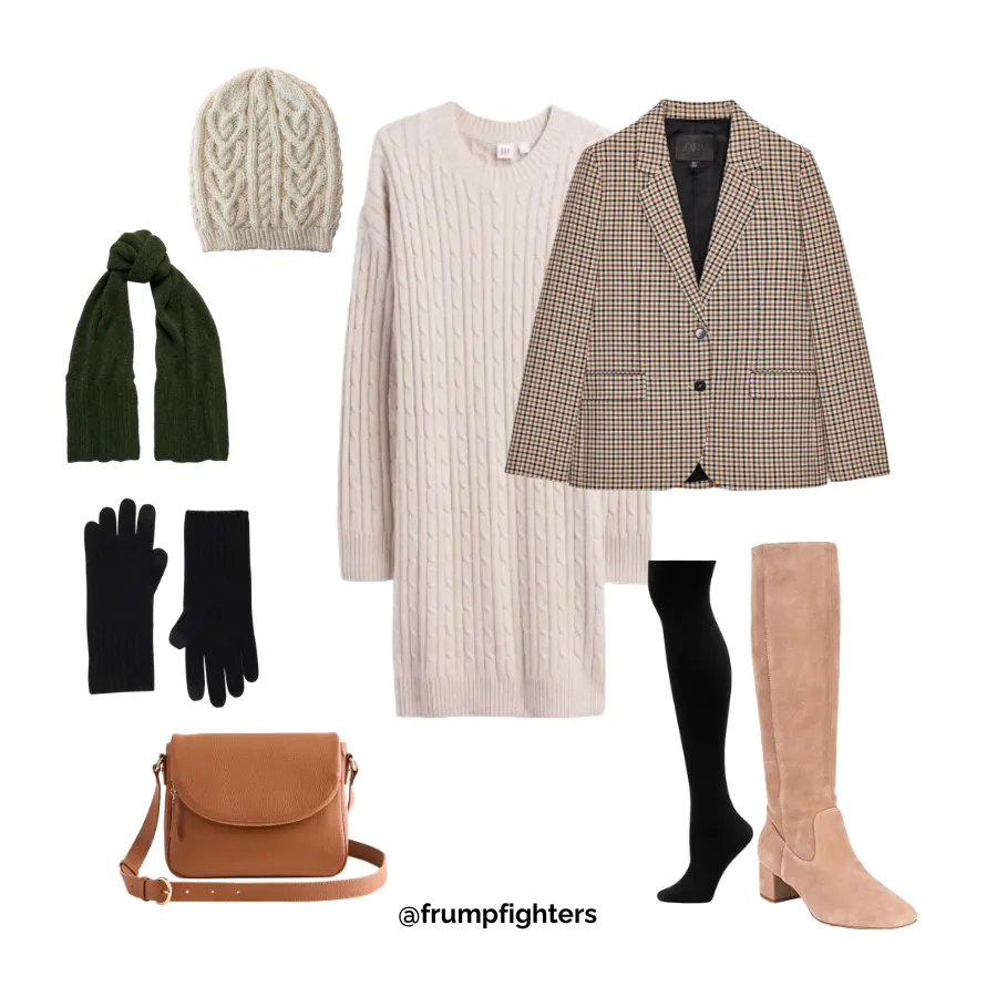 Cream sweater dress with plaid blazer, tights, knee high boots, scarf and gloves styled as a winter work outfit for women