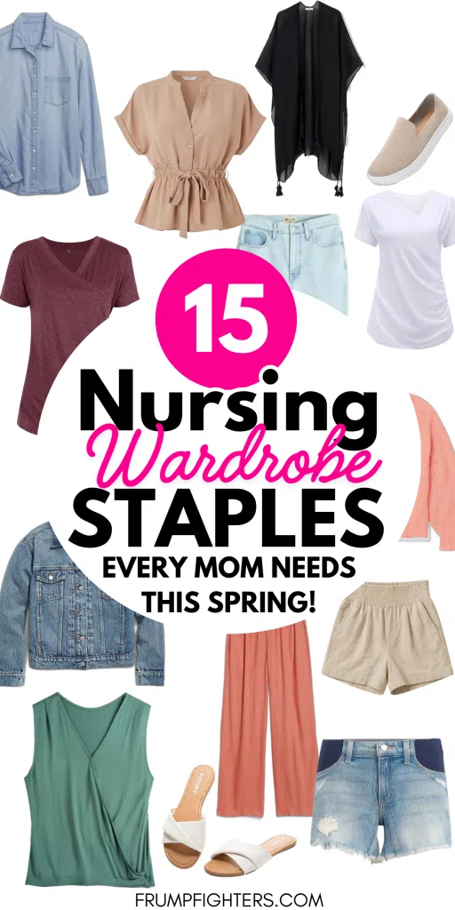 Graphic with circle badge showing 15 nursing wardrobe staples for spring capsule