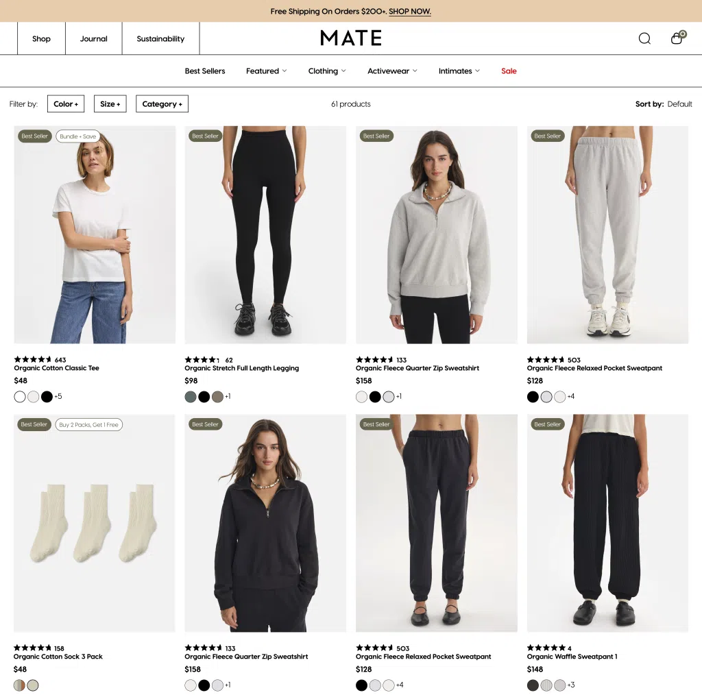 Minimal neutral basics from Mate the Label shown on a product grid, featuring tees, leggings, and relaxed sweat sets