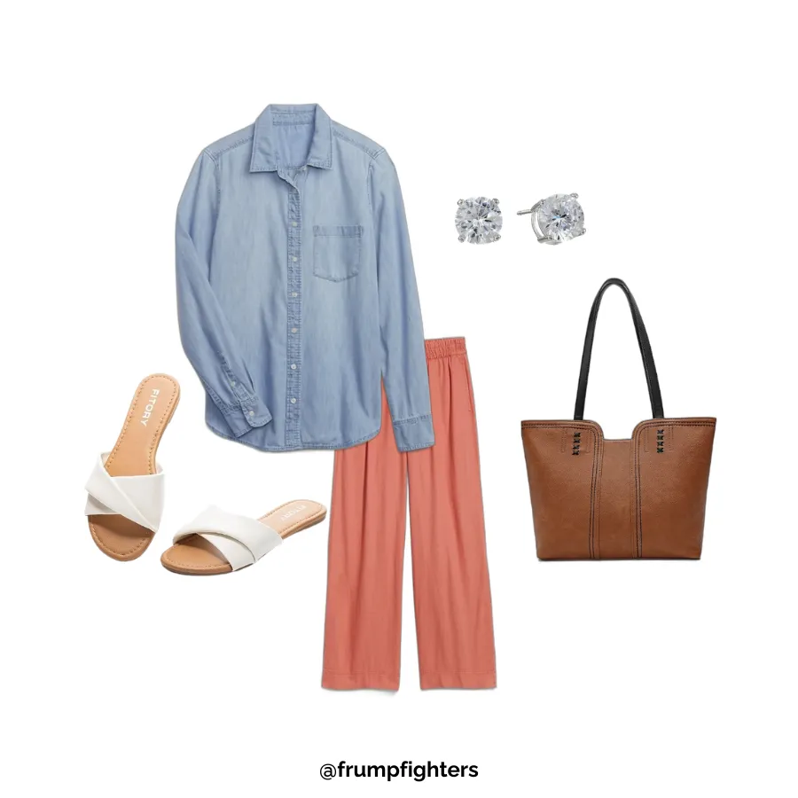 Chambray shirt and coral wide leg pants styled as breastfeeding friendly mom outfit