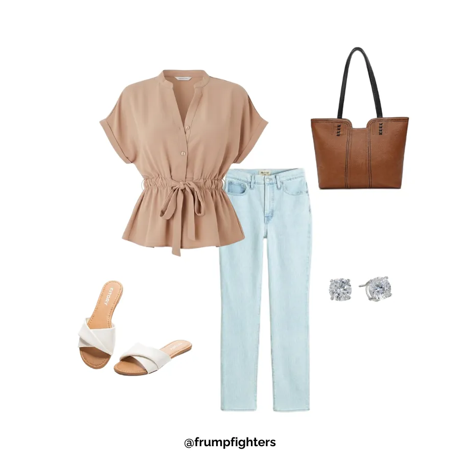 Peach nursing blouse with light jeans and sandals styled as breastfeeding friendly outfit