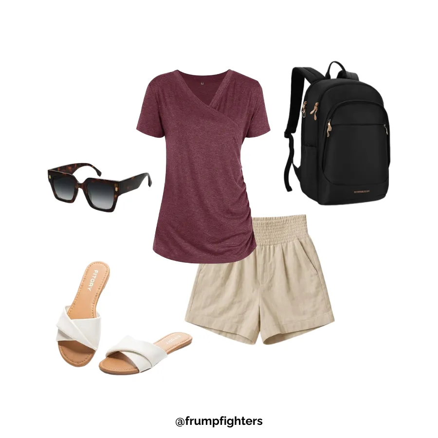 V neck tee and tan shorts styled as easy breastfeeding outfit for summer moms