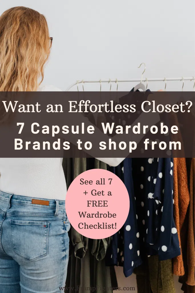 Woman shopping a clothing rack with text about effortless capsule wardrobe brands