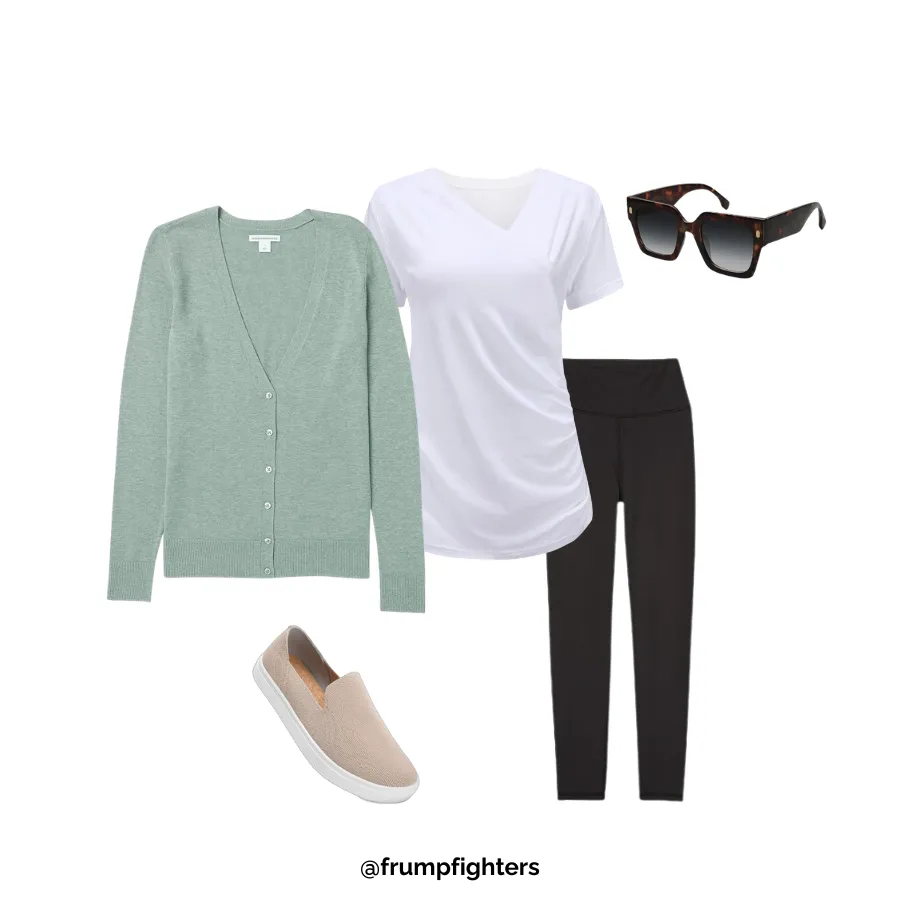 Green cardigan with white tee and black leggings styled as hospital outfit for mom after birth