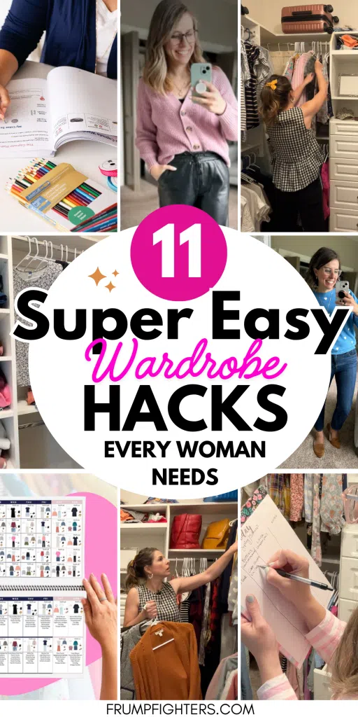 Collage with white circle text Super Easy Wardrobe Hacks Every Woman Needs and outfit planner