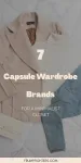 Neutral capsule wardrobe flat lay with coat, sweater, jeans, and text about capsule wardrobe brands