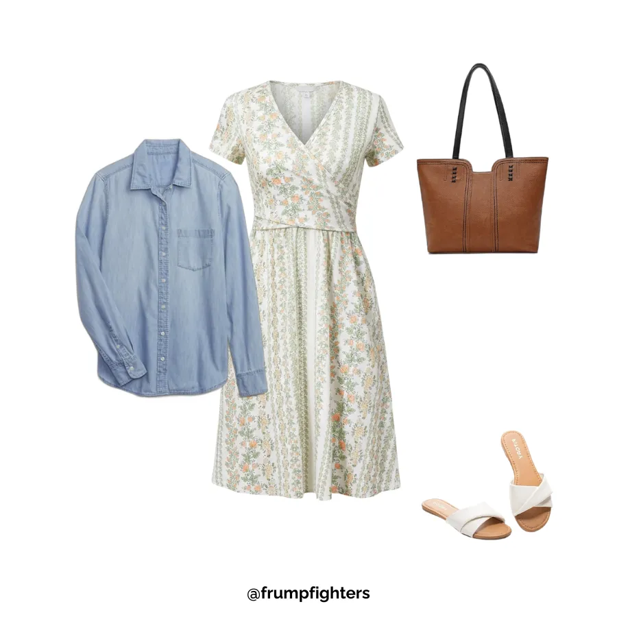Floral wrap dress with denim shirt, tote and sandals styled as mom going home outfit after birth summer
