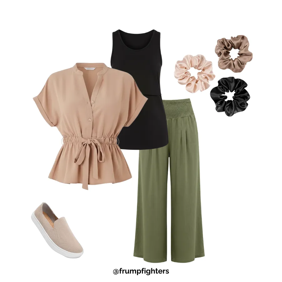 Wide leg green pants with tank and blouse styled as new mom outfits summer