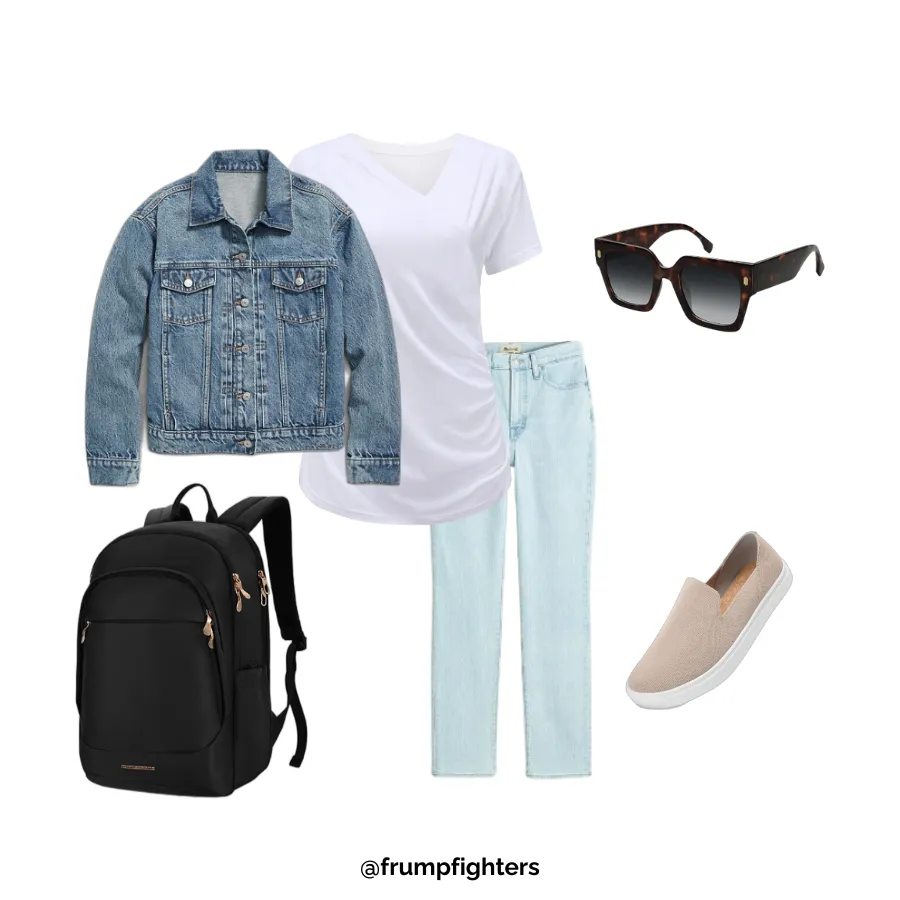 Denim jacket over white tee with jeans styled as nursing capsule wardrobe outfit