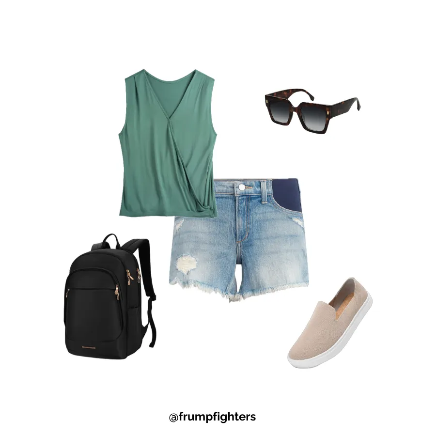 Green maternity tank with maternity denim shorts and backpack styled as comfy nursing friendly summer outfit