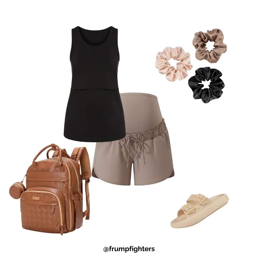 Black tank and loose drawstring shorts styled for postpartum outfits c section recovery