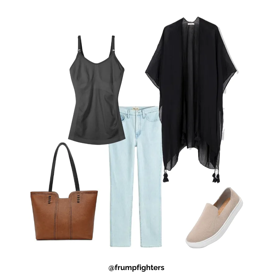 Black kimono layered over grey nursing tank with jeans for easy postpartum outfit