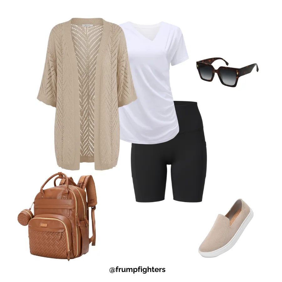 White tee and black biker shorts with cardigan styled as postpartum outfits summer for new mom
