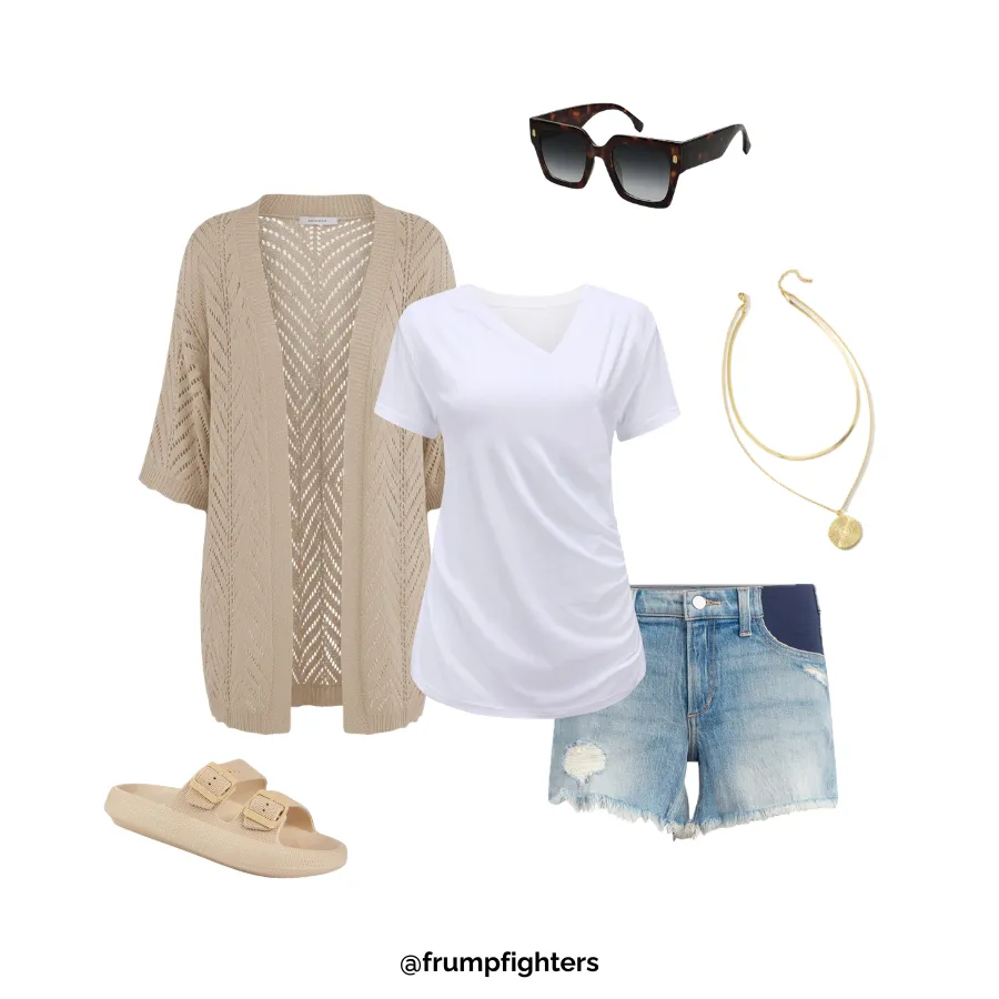White tee and denim shorts with cardigan styled as breastfeeding friendly outfit