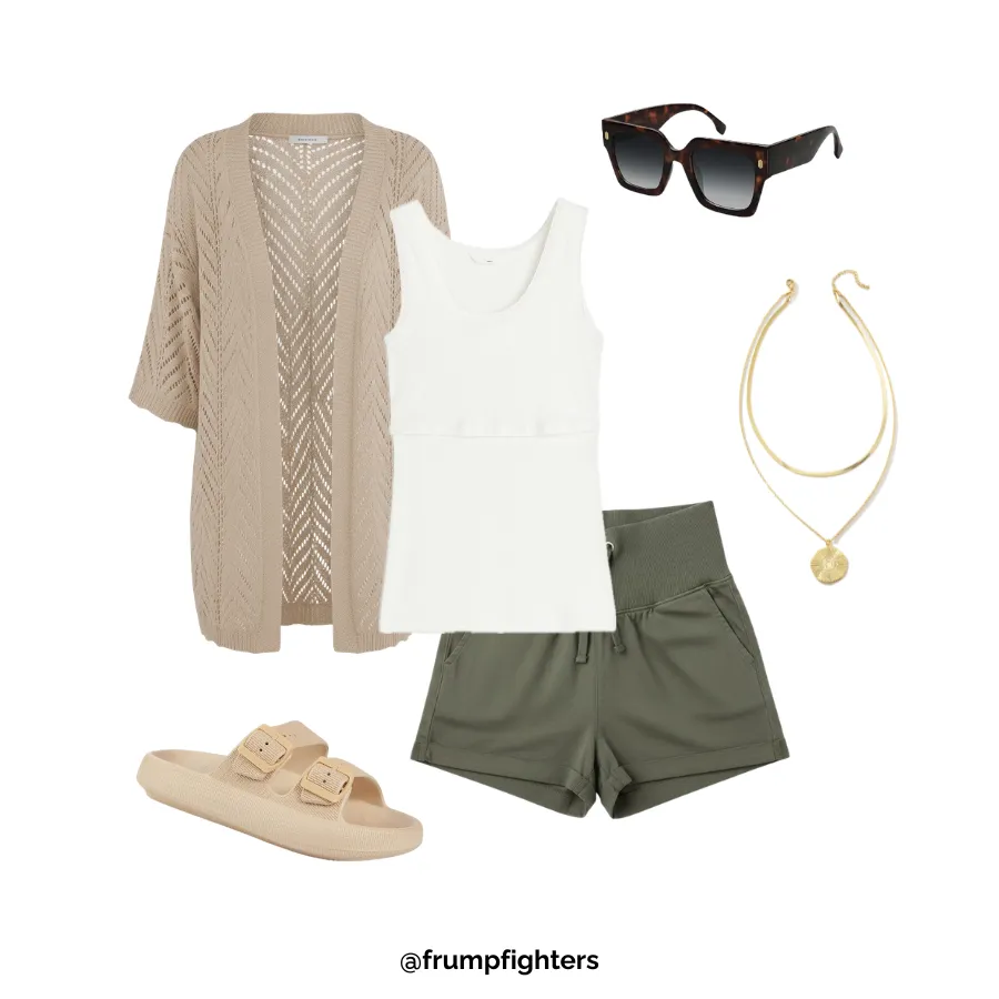 White nursing tank with olive shorts and cardigan styled for breastfeeding outfits summer
