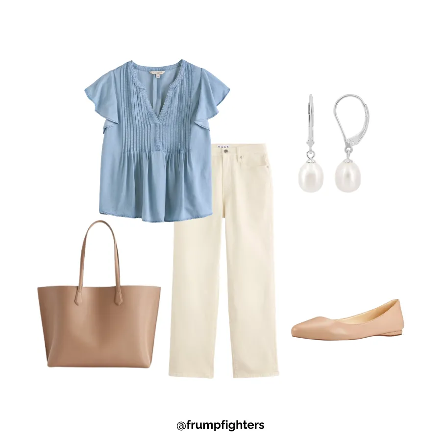 Flat lay of blue ruffle blouse, cream wide-leg jeans, tan flats, tote bag, and pearl earrings for a chic mom outfit