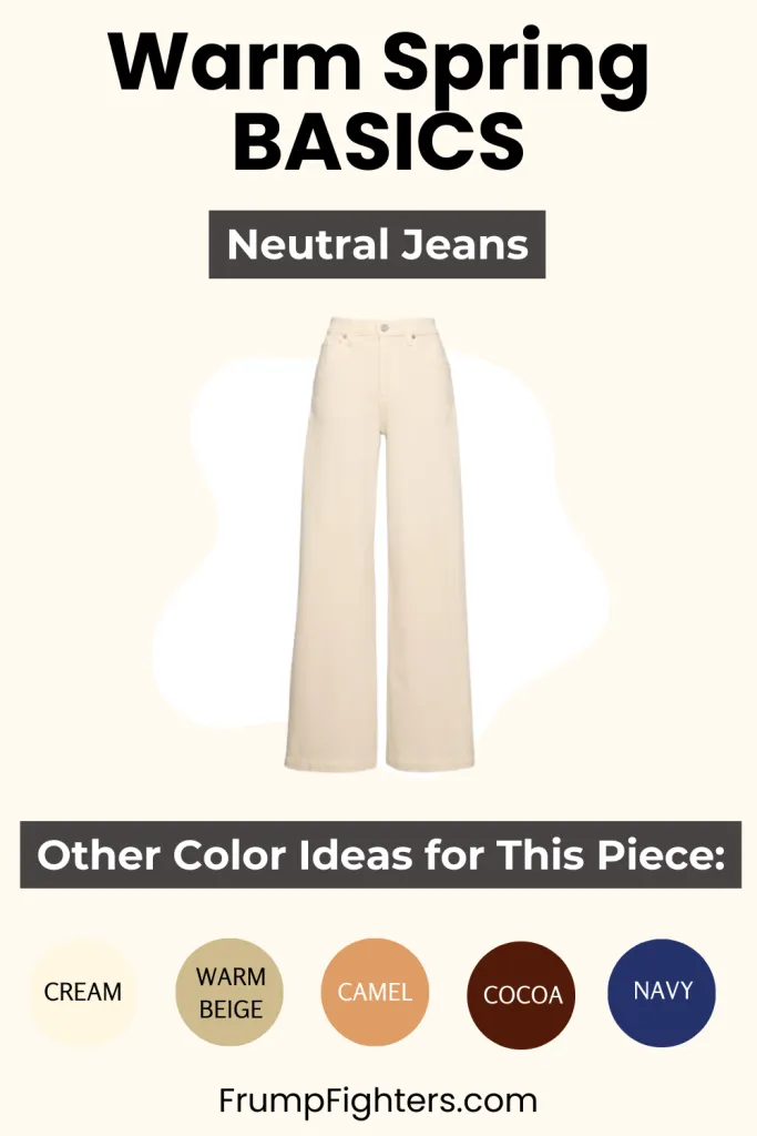 Neutral light jeans shown as warm spring capsule wardrobe piece with outfit color ideas