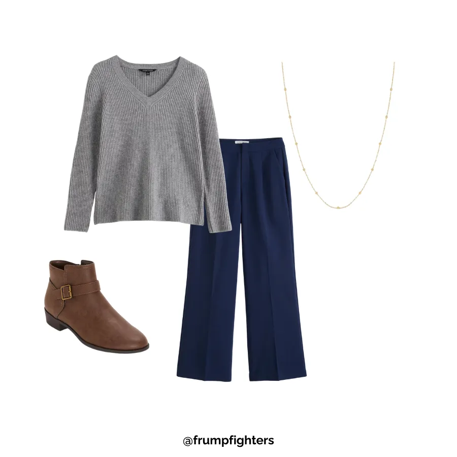 Flat lay of grey sweater, navy wide-leg pants, brown ankle boots, and pendant necklace for a chic mom outfit