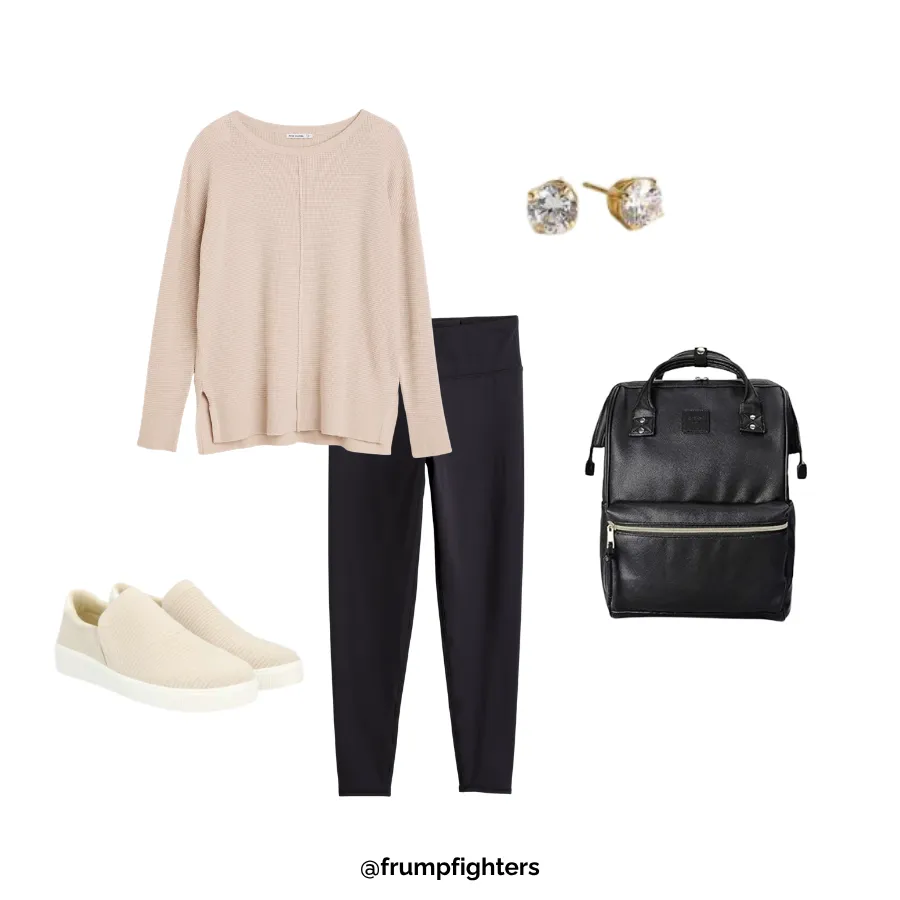 Flat lay of blush waffle-knit top, black leggings, slip-on sneakers, and stud earrings for a stay at home mom outfit