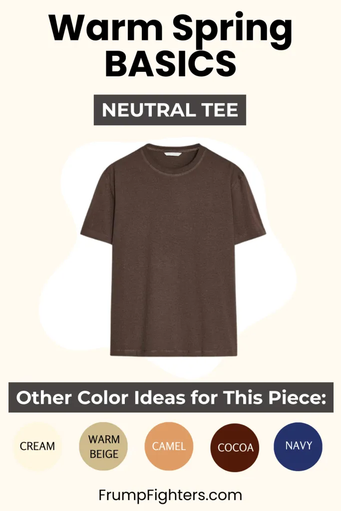 Neutral brown tee shown as warm spring capsule wardrobe basic with color pairing ideas