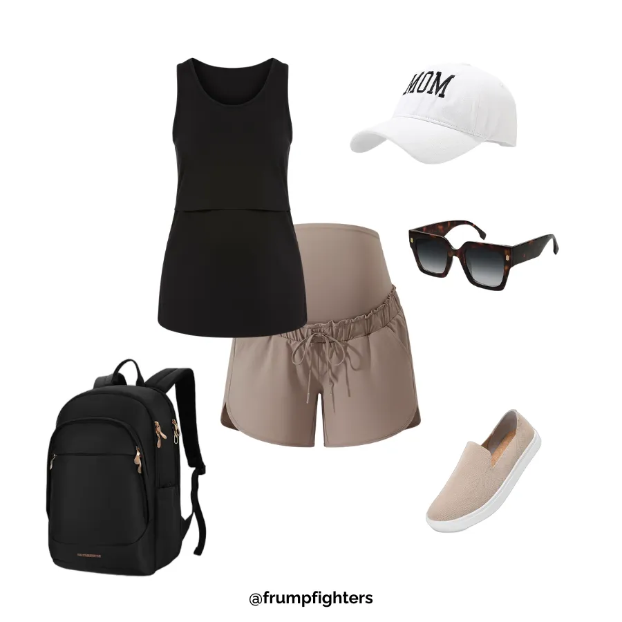 Black nursing tank with tan shorts and backpack styled for casual nursing outfits
