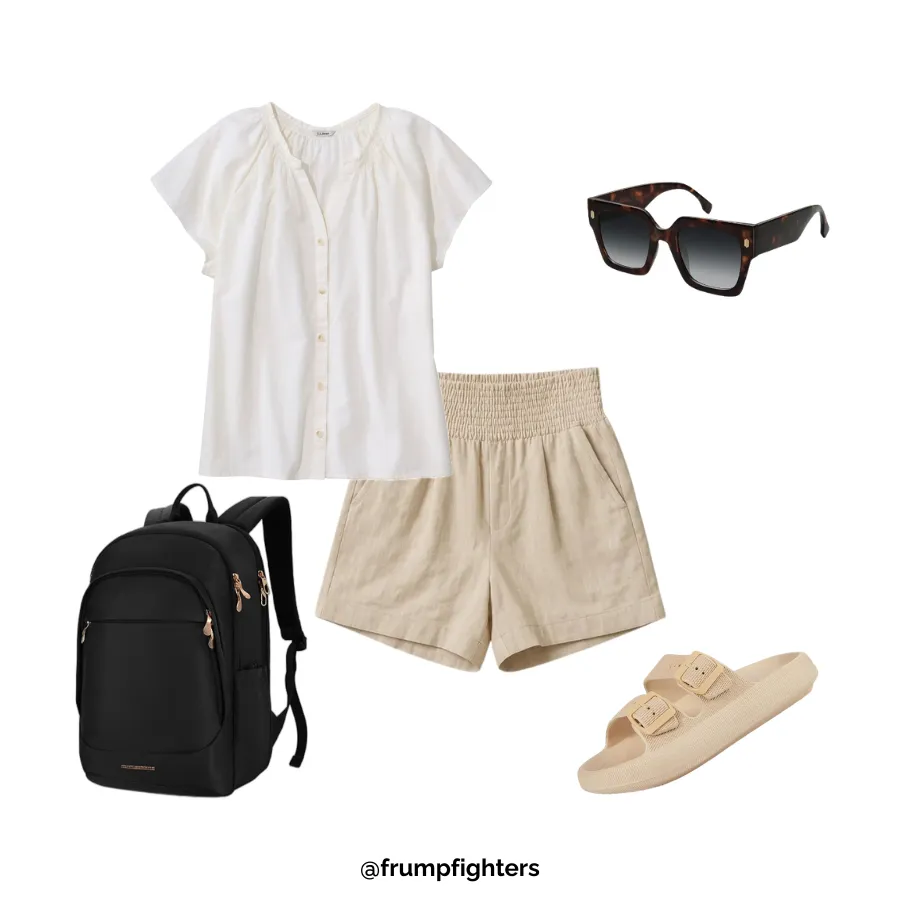 White blouse with beige shorts styled as nursing friendly outfit summer look