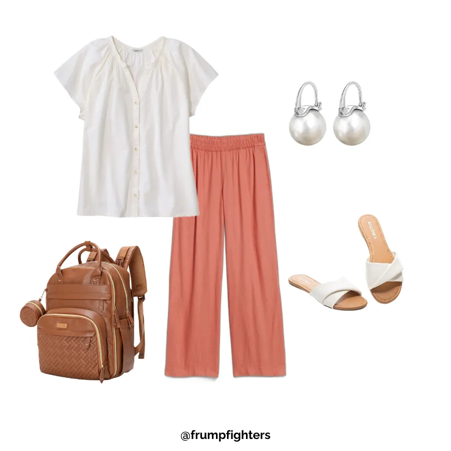 White blouse and coral wide leg pants styled for post partum nursing outfits