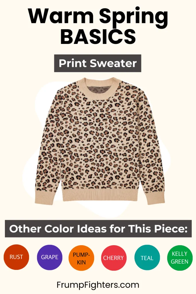 Leopard print sweater shown as warm spring capsule wardrobe piece with color pairing ideas