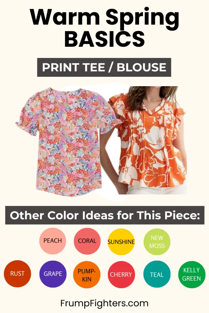 Floral print tee and blouse shown as warm spring capsule wardrobe tops with color palette ideas