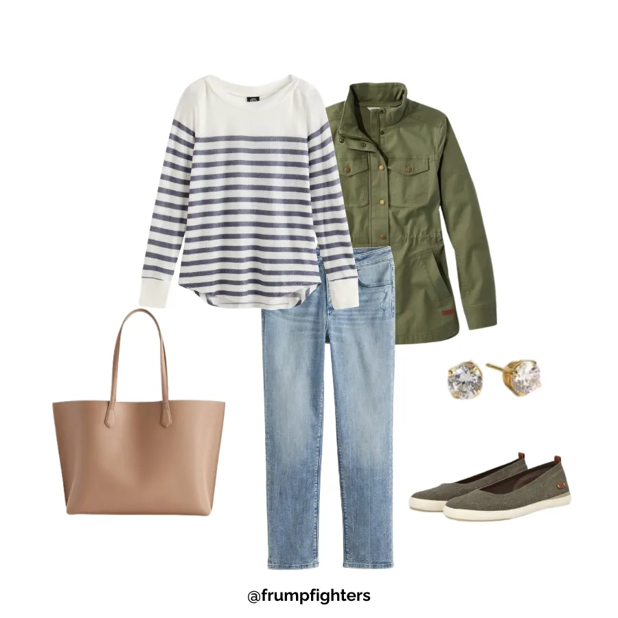 Flat lay of striped tee, olive utility jacket, light wash jeans, slip-on sneakers, and tan tote for a mom outfit