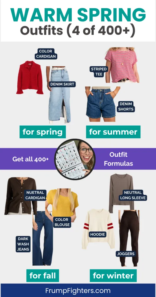 Warm spring capsule wardrobe outfit examples with cardigan, denim skirt, striped tee, jeans, hoodie and joggers