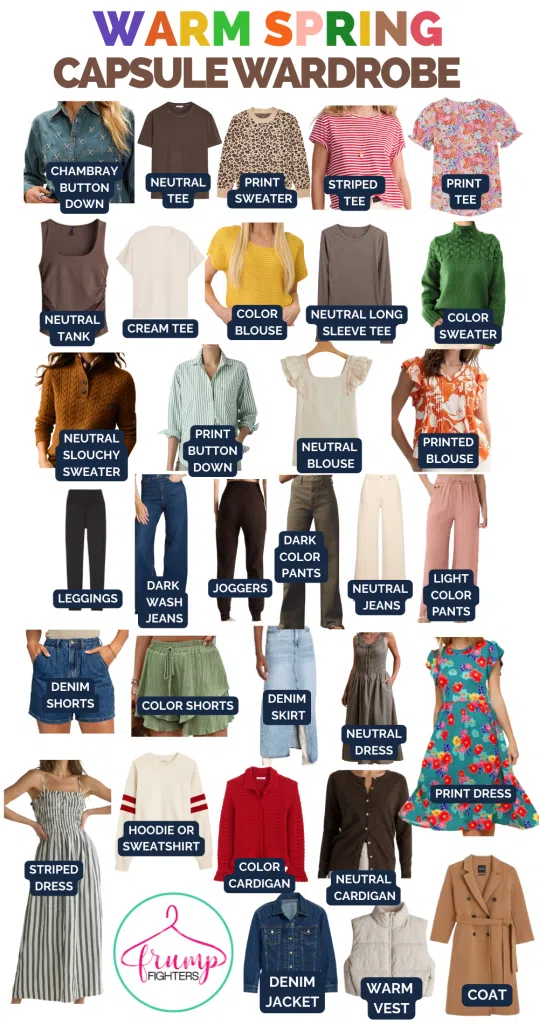 Warm spring capsule wardrobe checklist graphic with labeled clothing pieces like tees, sweaters, jeans, dresses and jackets
