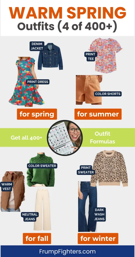 Warm spring outfits graphic showing dress, shorts, sweater and jeans styled for spring summer fall and winter