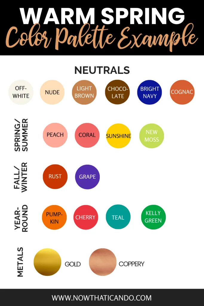 Warm spring color palette chart with neutrals, bright colors and metallic tones for outfit planning