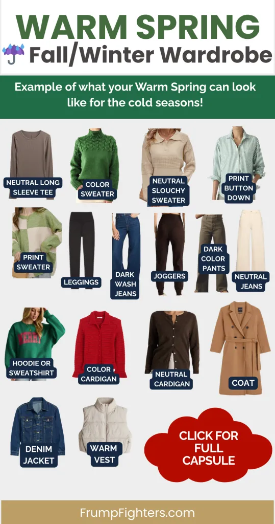 Warm spring fall winter wardrobe graphic showing sweaters, jeans, coat, cardigan and vest styled for cold seasons