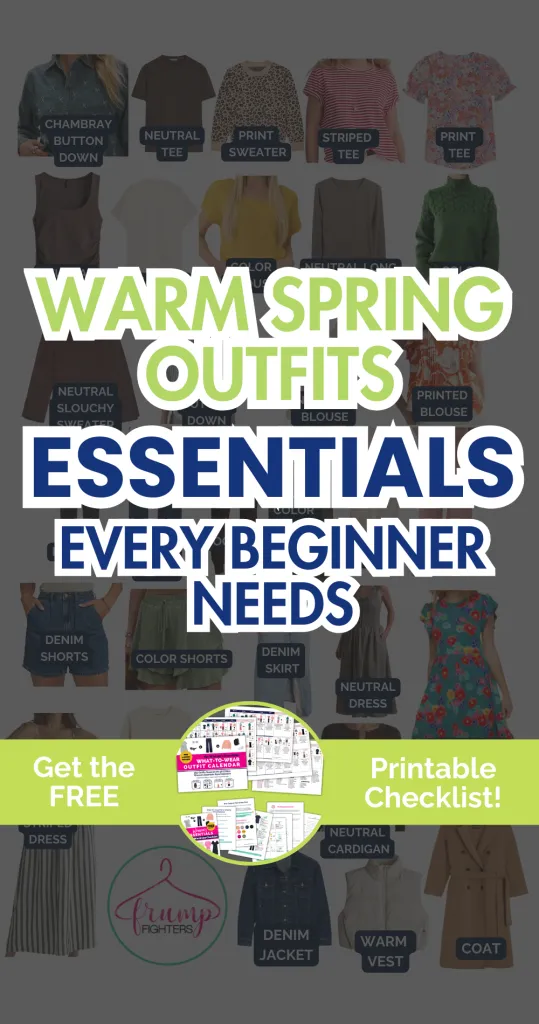 Warm spring outfits essentials graphic with capsule wardrobe pieces and free printable checklist banner