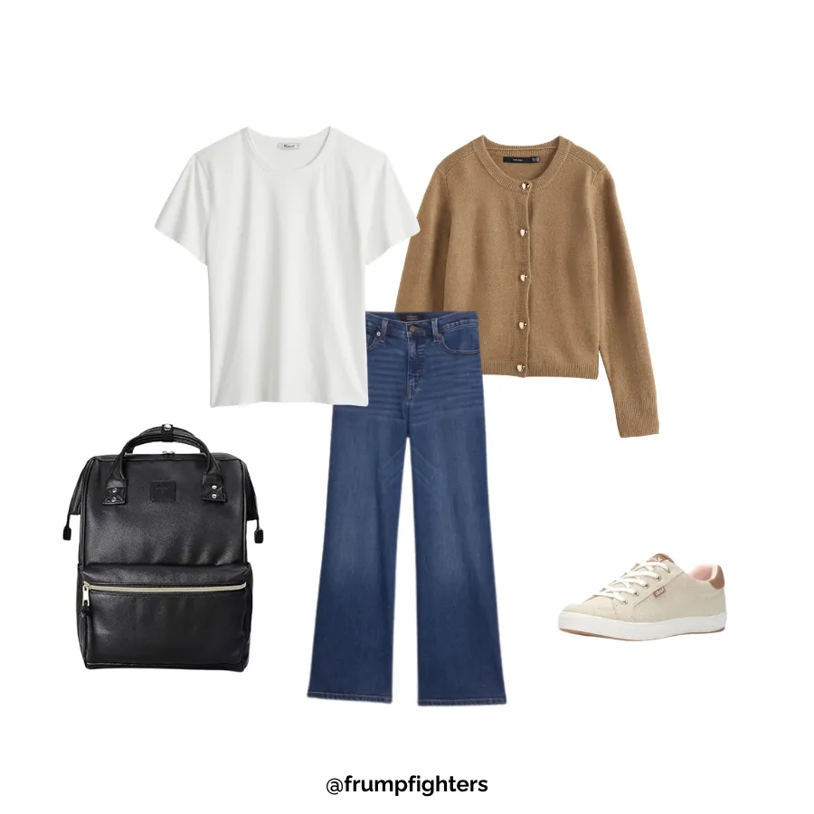 Flat lay of white tee, tan cardigan, dark wash jeans, sneakers, and black backpack for a busy mom outfit