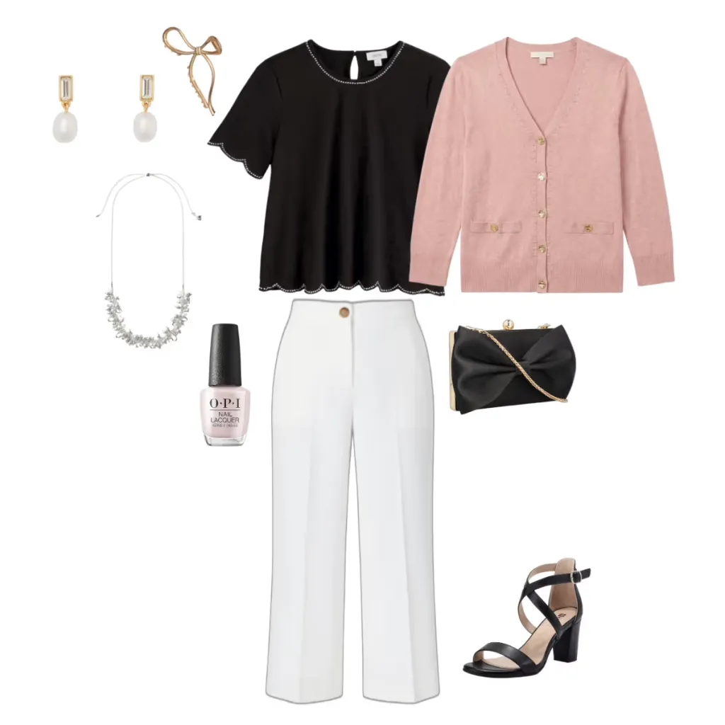 Chic summer date night outfit mixing a black scallop hem tee with a blush cardigan, white wide leg trousers, and black strappy heels
