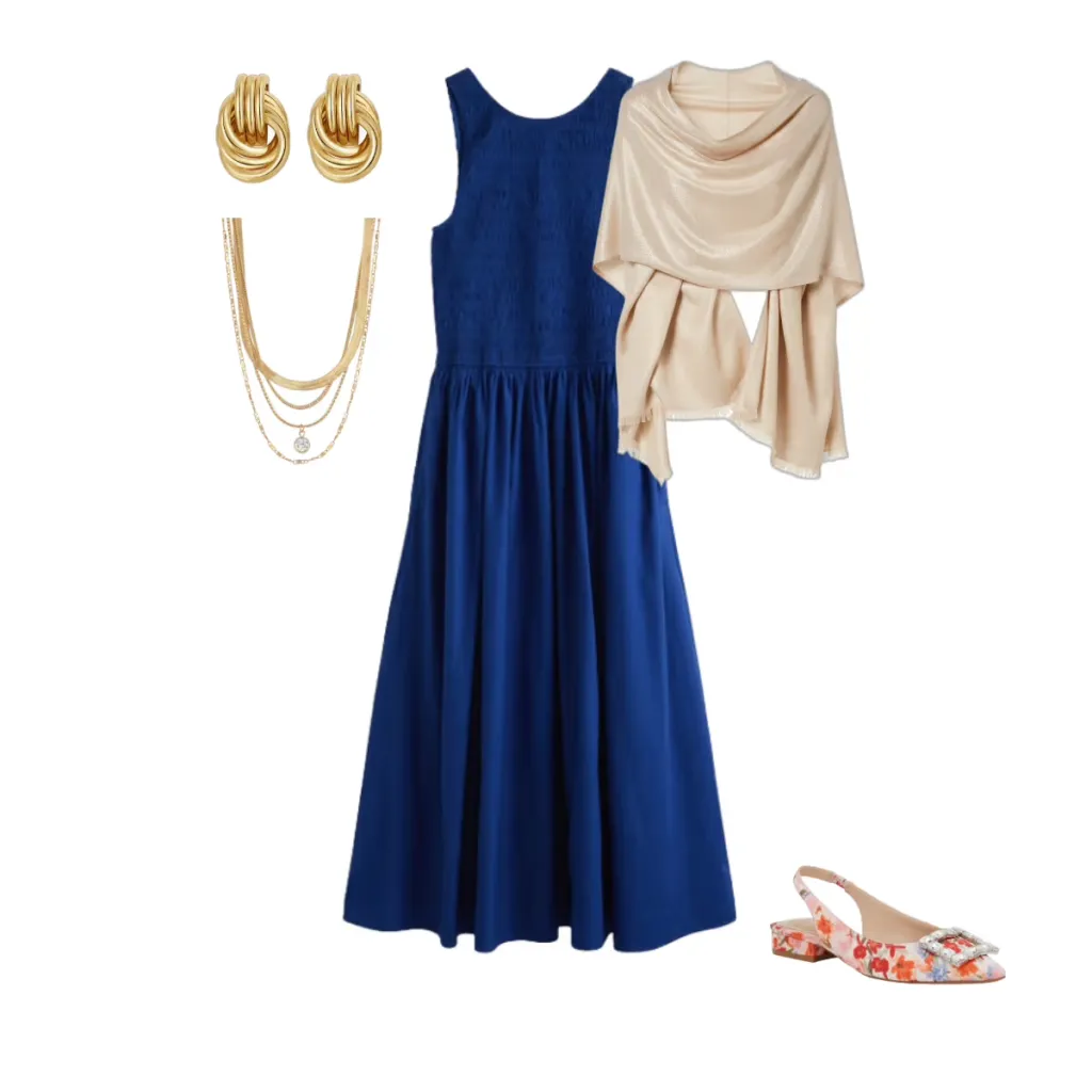 Classy summer date night outfit featuring a cobalt blue maxi dress with floral slingback flats and a champagne wrap