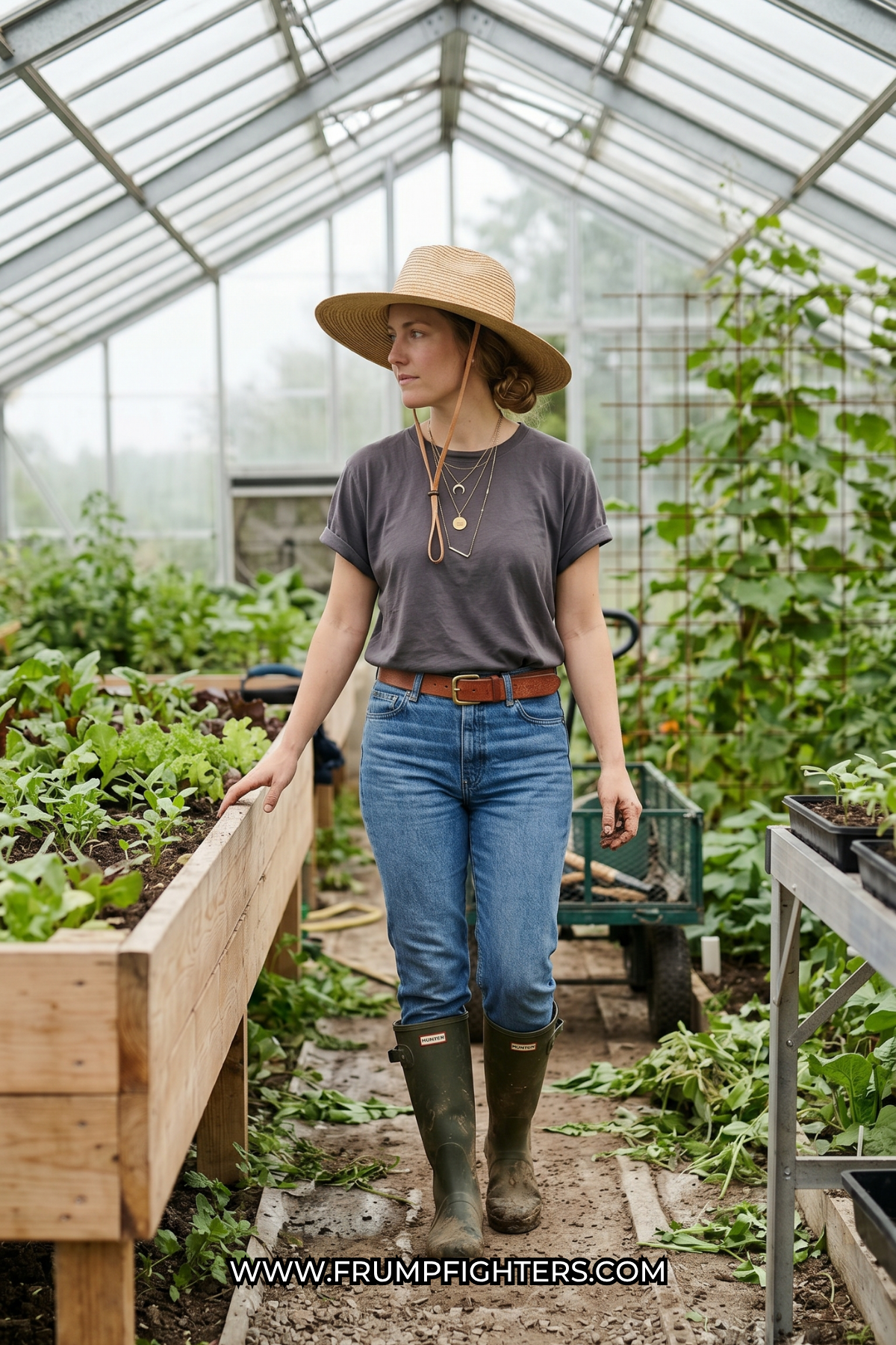 Woman in jeans and grey tee with hat walking in a greenhouse working
